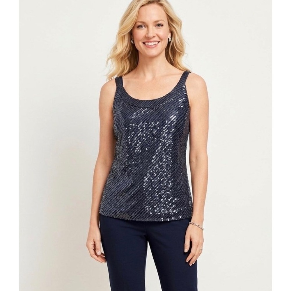 Talbots Petites Navy Blue Sequin Chevron Sleeveless Shell Top Size 14P